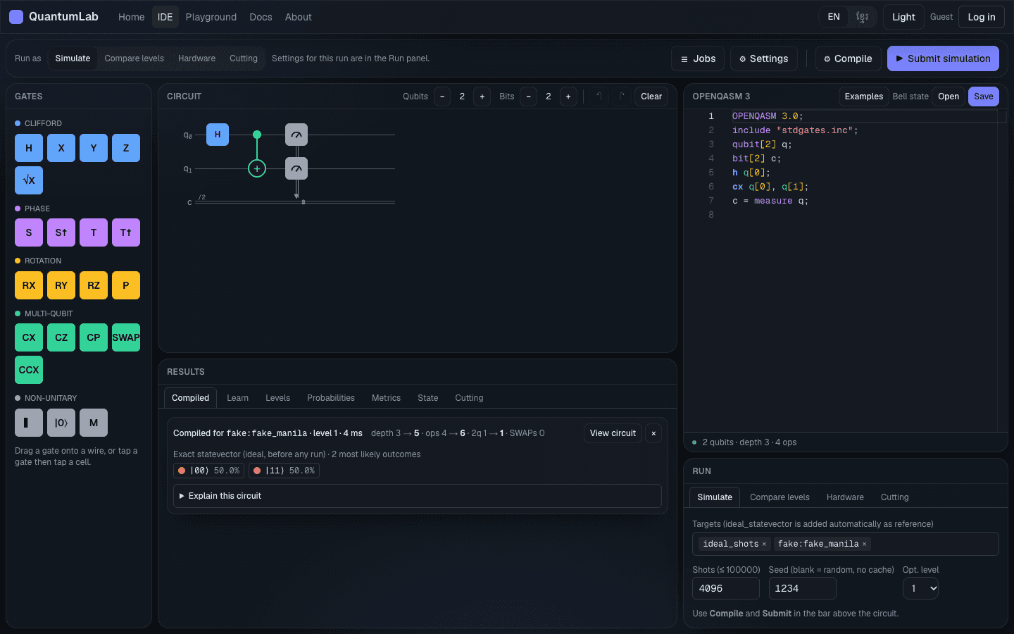 QubitLab IDE in dark mode showing a Bell circuit, its OpenQASM code and compile results