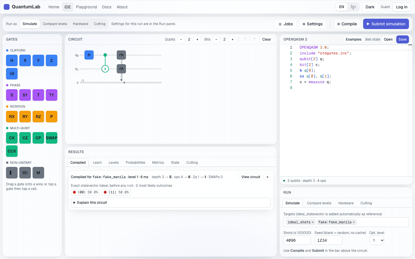 QubitLab IDE in light mode showing a Bell circuit, its OpenQASM code and compile results